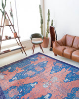 Vintage art deco rug in a living room setting, pile rug, Turkish rug, custom rug, modern rug, art deco rug,  portland, rug shop, bright colors, wild shaman, low pile rug, bold color, Portland, Oregon, rug store, rug shop, local shop, made in Turkey, vintage rug, retro rug