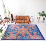 Vintage art deco rug in a living room setting, pile rug, Turkish rug, custom rug, modern rug, art deco rug,  portland, rug shop, bright colors, wild shaman, low pile rug, bold color, Portland, Oregon, rug store, rug shop, local shop, made in Turkey, vintage rug, retro rug