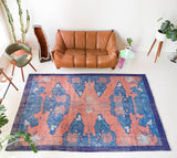 Vintage art deco rug in a living room setting, pile rug, Turkish rug, custom rug, modern rug, art deco rug,  portland, rug shop, bright colors, wild shaman, low pile rug, bold color, Portland, Oregon, rug store, rug shop, local shop, made in Turkey, vintage rug, retro rug