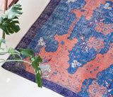 Vintage art deco rug in a living room setting, pile rug, Turkish rug, custom rug, modern rug, art deco rug,  portland, rug shop, bright colors, wild shaman, low pile rug, bold color, Portland, Oregon, rug store, rug shop, local shop, made in Turkey, vintage rug, retro rug