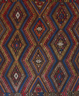 Vintage kilim rug in living room setting, bright colors, wild shaman, soft rug, bold color, Portland, Oregon, rug store, rug shop, local shop, vintage rug, modern kilim, warm colors