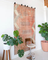 Vintage art deco rug in a living room setting, pile rug, Turkish rug, custom rug, modern rug, art deco rug,  portland, rug shop, bright colors, wild shaman, low pile rug, bold color, Portland, Oregon, rug store, rug shop, local shop, made in Turkey, vintage rug, retro rug