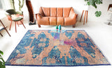 Vintage art deco rug in a living room setting, pile rug, Turkish rug, custom rug, modern rug, art deco rug,  portland, rug shop, bright colors, wild shaman, low pile rug, bold color, Portland, Oregon, rug store, rug shop, local shop, made in Turkey, vintage rug, retro rug
