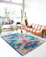 Vintage art deco rug in a living room setting, pile rug, Turkish rug, custom rug, modern rug, art deco rug,  portland, rug shop, bright colors, wild shaman, low pile rug, bold color, Portland, Oregon, rug store, rug shop, local shop, made in Turkey, vintage rug, retro rug