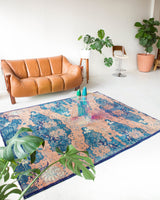 Vintage art deco rug in a living room setting, pile rug, Turkish rug, custom rug, modern rug, art deco rug,  portland, rug shop, bright colors, wild shaman, low pile rug, bold color, Portland, Oregon, rug store, rug shop, local shop, made in Turkey, vintage rug, retro rug