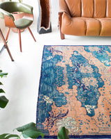 Vintage art deco rug in a living room setting, pile rug, Turkish rug, custom rug, modern rug, art deco rug,  portland, rug shop, bright colors, wild shaman, low pile rug, bold color, Portland, Oregon, rug store, rug shop, local shop, made in Turkey, vintage rug, retro rug