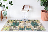 Vintage art deco rug in a living room setting, pile rug, Turkish rug, custom rug, modern rug, art deco rug,  portland, rug shop, bright colors, wild shaman, low pile rug, bold color, Portland, Oregon, rug store, rug shop, local shop, made in Turkey, vintage rug, retro rug