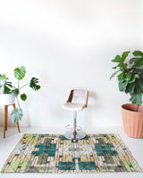 Vintage art deco rug in a living room setting, pile rug, Turkish rug, custom rug, modern rug, art deco rug,  portland, rug shop, bright colors, wild shaman, low pile rug, bold color, Portland, Oregon, rug store, rug shop, local shop, made in Turkey, vintage rug, retro rug