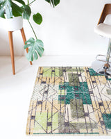 Vintage art deco rug in a living room setting, pile rug, Turkish rug, custom rug, modern rug, art deco rug,  portland, rug shop, bright colors, wild shaman, low pile rug, bold color, Portland, Oregon, rug store, rug shop, local shop, made in Turkey, vintage rug, retro rug