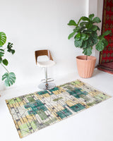 Vintage art deco rug in a living room setting, pile rug, Turkish rug, custom rug, modern rug, art deco rug,  portland, rug shop, bright colors, wild shaman, low pile rug, bold color, Portland, Oregon, rug store, rug shop, local shop, made in Turkey, vintage rug, retro rug