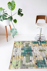 Vintage art deco rug in a living room setting, pile rug, Turkish rug, custom rug, modern rug, art deco rug,  portland, rug shop, bright colors, wild shaman, low pile rug, bold color, Portland, Oregon, rug store, rug shop, local shop, made in Turkey, vintage rug, retro rug