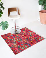 Vintage art deco rug in a living room setting, pile rug, Turkish rug, custom rug, modern rug, art deco rug,  portland, rug shop, bright colors, wild shaman, low pile rug, bold color, Portland, Oregon, rug store, rug shop, local shop, made in Turkey, vintage rug, retro rug