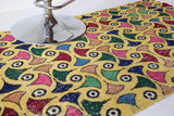 Vintage art deco rug in a living room setting, pile rug, Turkish rug, custom rug, modern rug, art deco rug,  portland, rug shop, bright colors, wild shaman, low pile rug, bold color, Portland, Oregon, rug store, rug shop, local shop, made in Turkey, vintage rug, retro rug