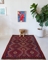 Vintage kilim rug in living room setting, bright colors, wild shaman, soft rug, bold color, Portland, Oregon, rug store, rug shop, local shop, vintage rug, modern kilim, warm colors