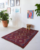 Vintage kilim rug in living room setting, bright colors, wild shaman, soft rug, bold color, Portland, Oregon, rug store, rug shop, local shop, vintage rug, modern kilim, warm colors