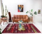 Vintage art deco rug in a living room setting, pile rug, Turkish rug, custom rug, modern rug, art deco rug,  portland, rug shop, bright colors, wild shaman, low pile rug, bold color, Portland, Oregon, rug store, rug shop, local shop, made in Turkey, vintage rug, retro rug