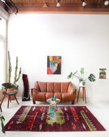 Vintage art deco rug in a living room setting, pile rug, Turkish rug, custom rug, modern rug, art deco rug,  portland, rug shop, bright colors, wild shaman, low pile rug, bold color, Portland, Oregon, rug store, rug shop, local shop, made in Turkey, vintage rug, retro rug