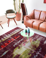 Vintage art deco rug in a living room setting, pile rug, Turkish rug, custom rug, modern rug, art deco rug,  portland, rug shop, bright colors, wild shaman, low pile rug, bold color, Portland, Oregon, rug store, rug shop, local shop, made in Turkey, vintage rug, retro rug