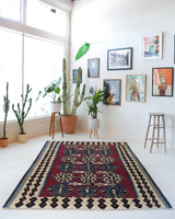 Vintage kilim rug in living room setting, bright colors, wild shaman, soft rug, bold color, Portland, Oregon, rug store, rug shop, local shop, vintage rug, modern kilim, warm colors
