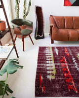 Vintage art deco rug in a living room setting, pile rug, Turkish rug, custom rug, modern rug, art deco rug,  portland, rug shop, bright colors, wild shaman, low pile rug, bold color, Portland, Oregon, rug store, rug shop, local shop, made in Turkey, vintage rug, retro rug