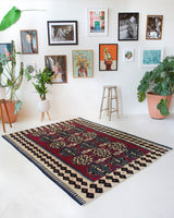 Vintage kilim rug in living room setting, bright colors, wild shaman, soft rug, bold color, Portland, Oregon, rug store, rug shop, local shop, vintage rug, modern kilim, warm colors