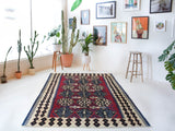 Vintage kilim rug in living room setting, bright colors, wild shaman, soft rug, bold color, Portland, Oregon, rug store, rug shop, local shop, vintage rug, modern kilim, warm colors