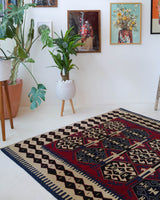 Vintage kilim rug in living room setting, bright colors, wild shaman, soft rug, bold color, Portland, Oregon, rug store, rug shop, local shop, vintage rug, modern kilim, warm colors