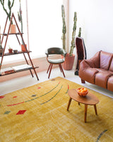 Vintage art deco rug in a living room setting, pile rug, Turkish rug, custom rug, modern rug, art deco rug,  portland, rug shop, bright colors, wild shaman, low pile rug, bold color, Portland, Oregon, rug store, rug shop, local shop, made in Turkey, vintage rug, retro rug