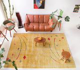 Vintage art deco rug in a living room setting, pile rug, Turkish rug, custom rug, modern rug, art deco rug,  portland, rug shop, bright colors, wild shaman, low pile rug, bold color, Portland, Oregon, rug store, rug shop, local shop, made in Turkey, vintage rug, retro rug