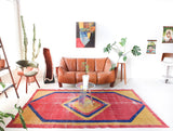 Vintage art deco rug in a living room setting, pile rug, Turkish rug, custom rug, modern rug, art deco rug,  portland, rug shop, bright colors, wild shaman, low pile rug, bold color, Portland, Oregon, rug store, rug shop, local shop, made in Turkey, vintage rug, retro rug