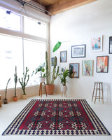 Vintage kilim rug in living room setting, bright colors, wild shaman, soft rug, bold color, Portland, Oregon, rug store, rug shop, local shop, vintage rug, modern kilim, warm colors
