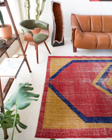Vintage art deco rug in a living room setting, pile rug, Turkish rug, custom rug, modern rug, art deco rug,  portland, rug shop, bright colors, wild shaman, low pile rug, bold color, Portland, Oregon, rug store, rug shop, local shop, made in Turkey, vintage rug, retro rug