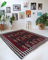 Vintage kilim rug in living room setting, bright colors, wild shaman, soft rug, bold color, Portland, Oregon, rug store, rug shop, local shop, vintage rug, modern kilim, warm colors