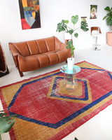 Vintage art deco rug in a living room setting, pile rug, Turkish rug, custom rug, modern rug, art deco rug,  portland, rug shop, bright colors, wild shaman, low pile rug, bold color, Portland, Oregon, rug store, rug shop, local shop, made in Turkey, vintage rug, retro rug