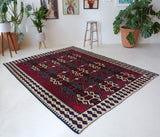 Vintage kilim rug in living room setting, bright colors, wild shaman, soft rug, bold color, Portland, Oregon, rug store, rug shop, local shop, vintage rug, modern kilim, warm colors