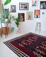 Vintage kilim rug in living room setting, bright colors, wild shaman, soft rug, bold color, Portland, Oregon, rug store, rug shop, local shop, vintage rug, modern kilim, warm colors
