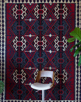 Vintage kilim rug in living room setting, bright colors, wild shaman, soft rug, bold color, Portland, Oregon, rug store, rug shop, local shop, vintage rug, modern kilim, warm colors