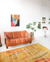 Vintage art deco rug in a living room setting, pile rug, Turkish rug, custom rug, modern rug, art deco rug,  portland, rug shop, bright colors, wild shaman, low pile rug, bold color, Portland, Oregon, rug store, rug shop, local shop, made in Turkey, vintage rug, retro rug