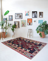 Vintage kilim rug in living room setting, bright colors, wild shaman, soft rug, bold color, Portland, Oregon, rug store, rug shop, local shop, vintage rug, modern kilim, warm colors