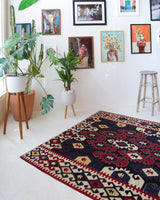 Vintage kilim rug in living room setting, bright colors, wild shaman, soft rug, bold color, Portland, Oregon, rug store, rug shop, local shop, vintage rug, modern kilim, warm colors