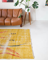 Vintage art deco rug in a living room setting, pile rug, Turkish rug, custom rug, modern rug, art deco rug,  portland, rug shop, bright colors, wild shaman, low pile rug, bold color, Portland, Oregon, rug store, rug shop, local shop, made in Turkey, vintage rug, retro rug