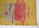 Vintage art deco rug in a living room setting, pile rug, Turkish rug, custom rug, modern rug, art deco rug,  portland, rug shop, bright colors, wild shaman, low pile rug, bold color, Portland, Oregon, rug store, rug shop, local shop, made in Turkey, vintage rug, retro rug
