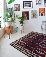 Vintage kilim rug in living room setting, bright colors, wild shaman, soft rug, bold color, Portland, Oregon, rug store, rug shop, local shop, vintage rug, modern kilim, warm colors
