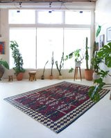Vintage kilim rug in living room setting, bright colors, wild shaman, soft rug, bold color, Portland, Oregon, rug store, rug shop, local shop, vintage rug, modern kilim, warm colors