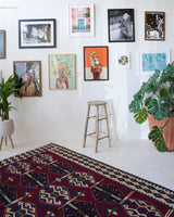 Vintage kilim rug in living room setting, bright colors, wild shaman, soft rug, bold color, Portland, Oregon, rug store, rug shop, local shop, vintage rug, modern kilim, warm colors