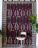 Vintage kilim rug in living room setting, bright colors, wild shaman, soft rug, bold color, Portland, Oregon, rug store, rug shop, local shop, vintage rug, modern kilim, warm colors