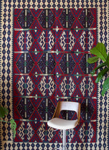 Vintage kilim rug in living room setting, bright colors, wild shaman, soft rug, bold color, Portland, Oregon, rug store, rug shop, local shop, vintage rug, modern kilim, warm colors