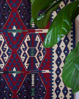 Vintage kilim rug in living room setting, bright colors, wild shaman, soft rug, bold color, Portland, Oregon, rug store, rug shop, local shop, vintage rug, modern kilim, warm colors