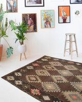Vintage kilim rug in living room setting, bright colors, wild shaman, soft rug, bold color, Portland, Oregon, rug store, rug shop, local shop, vintage rug, modern kilim, warm colors