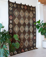 Vintage kilim rug in living room setting, bright colors, wild shaman, soft rug, bold color, Portland, Oregon, rug store, rug shop, local shop, vintage rug, modern kilim, warm colors